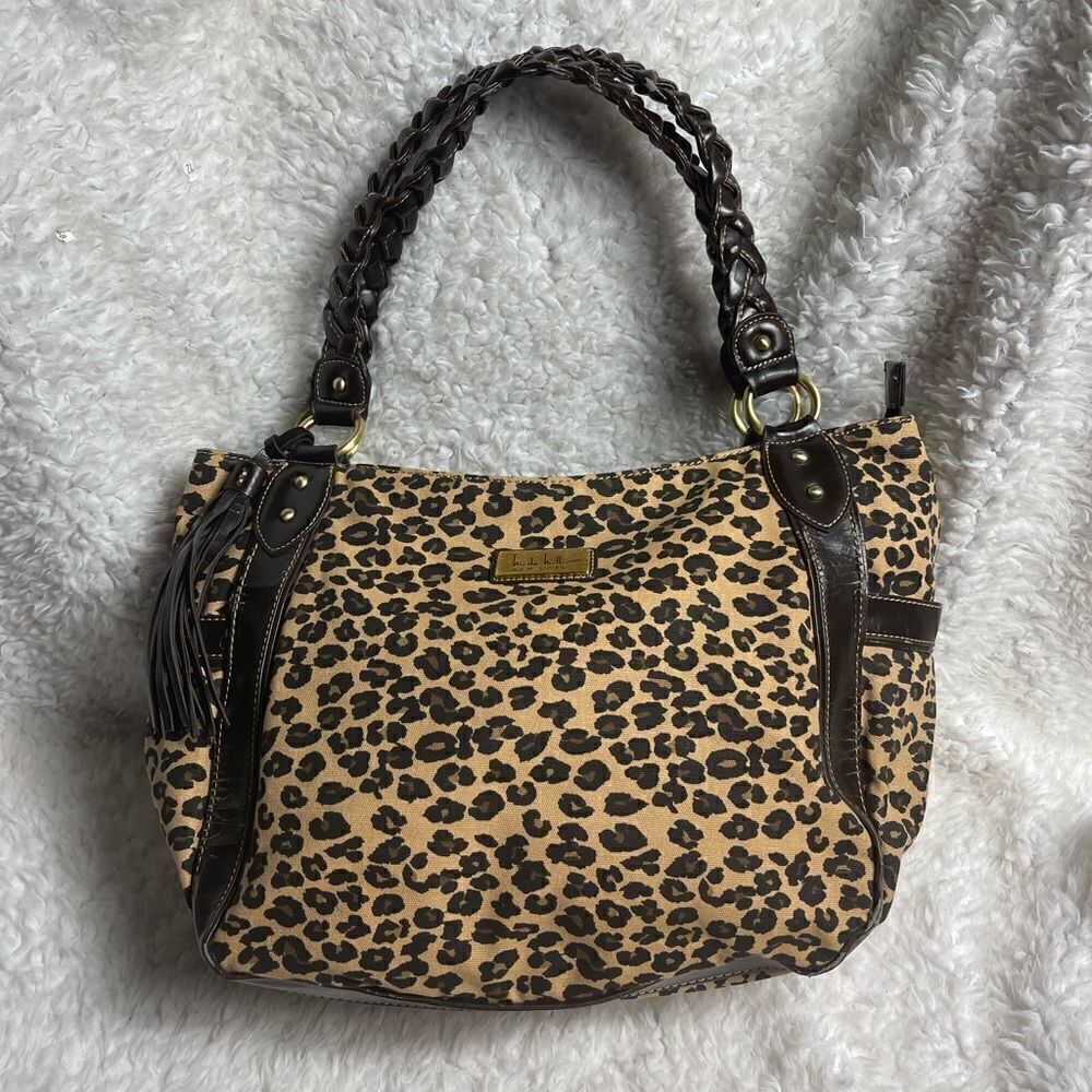 Nicole Miller large canvas leopard prints shoulder bag brown faux leather trims.